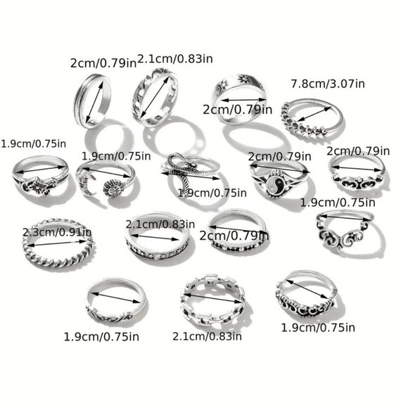 Finger Rings 16pc Set Silver Boho Hippie Snake Sun Moon Tai Chi Ying Stackable - Picture 4 of 4
